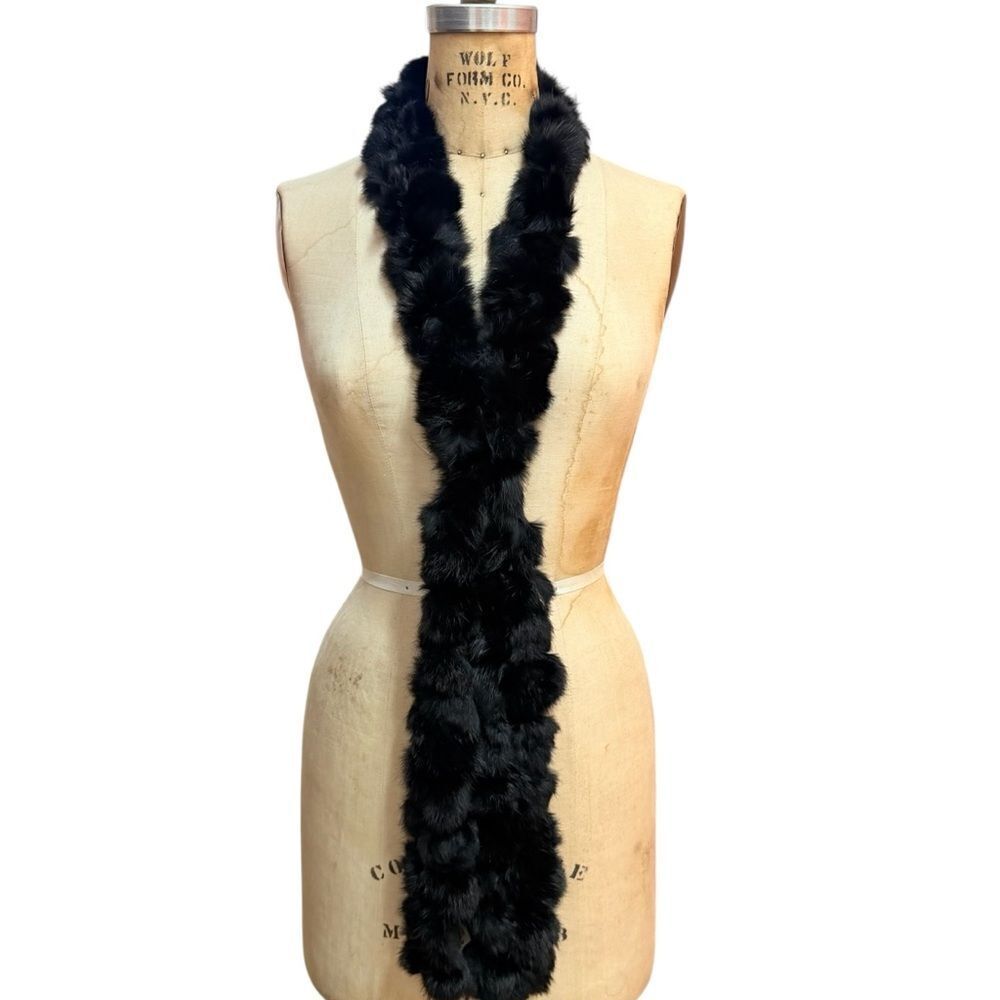 CEJON Vintage Pom-Pom Black Genuine Rabbit Fur Scarf Classic Accessory